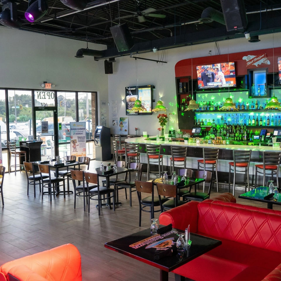 Modern sports bar interior with green-lit liquor shelves, multiple televisions, dining tables, bar seating, and red leather booths.
