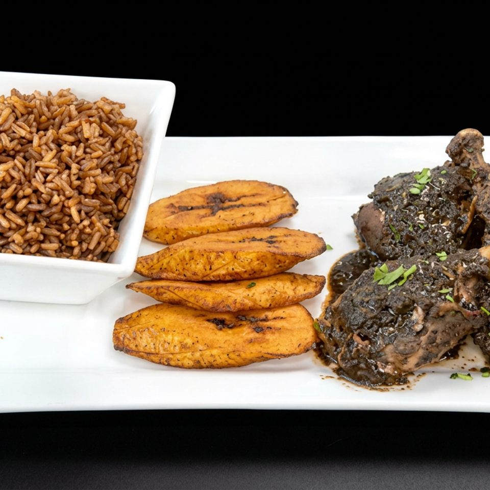 White platter of braised meat with plantains and seasoned rice against a black background.