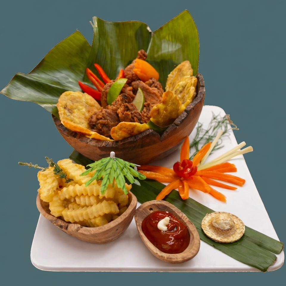Indonesian-style platter with spiced meat, fried crackers, vegetables, dipping sauce, and decorative banana leaves on a white plate.