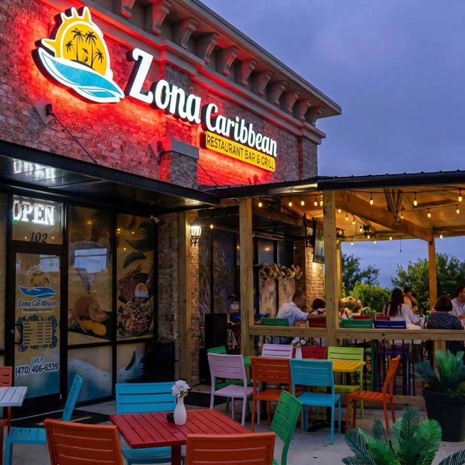 Lona Caribbean restaurant exterior at dusk, featuring a lit tropical sign, colorful patio furniture, and diners beneath a string-lit wooden pavilion.