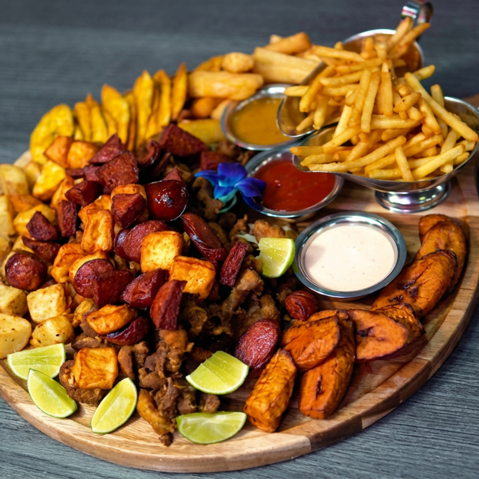 Loaded wooden platter featuring sausages, fried snacks, plantains, fries, dipping sauces, lime wedges, and a blue edible flower.