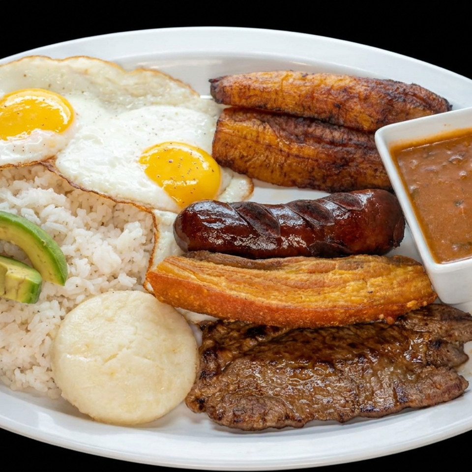 Platter of rice, fried eggs, avocado, plantains, sausage, grilled beef, bread, and brown sauce.