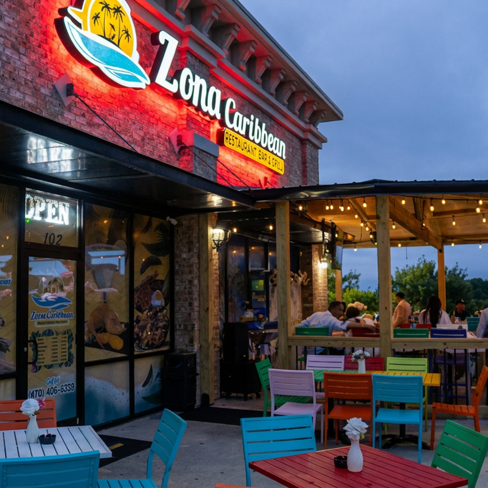 Lona Caribbean restaurant exterior with illuminated sign, colorful patio furniture, string lights, and diners under a covered outdoor deck.